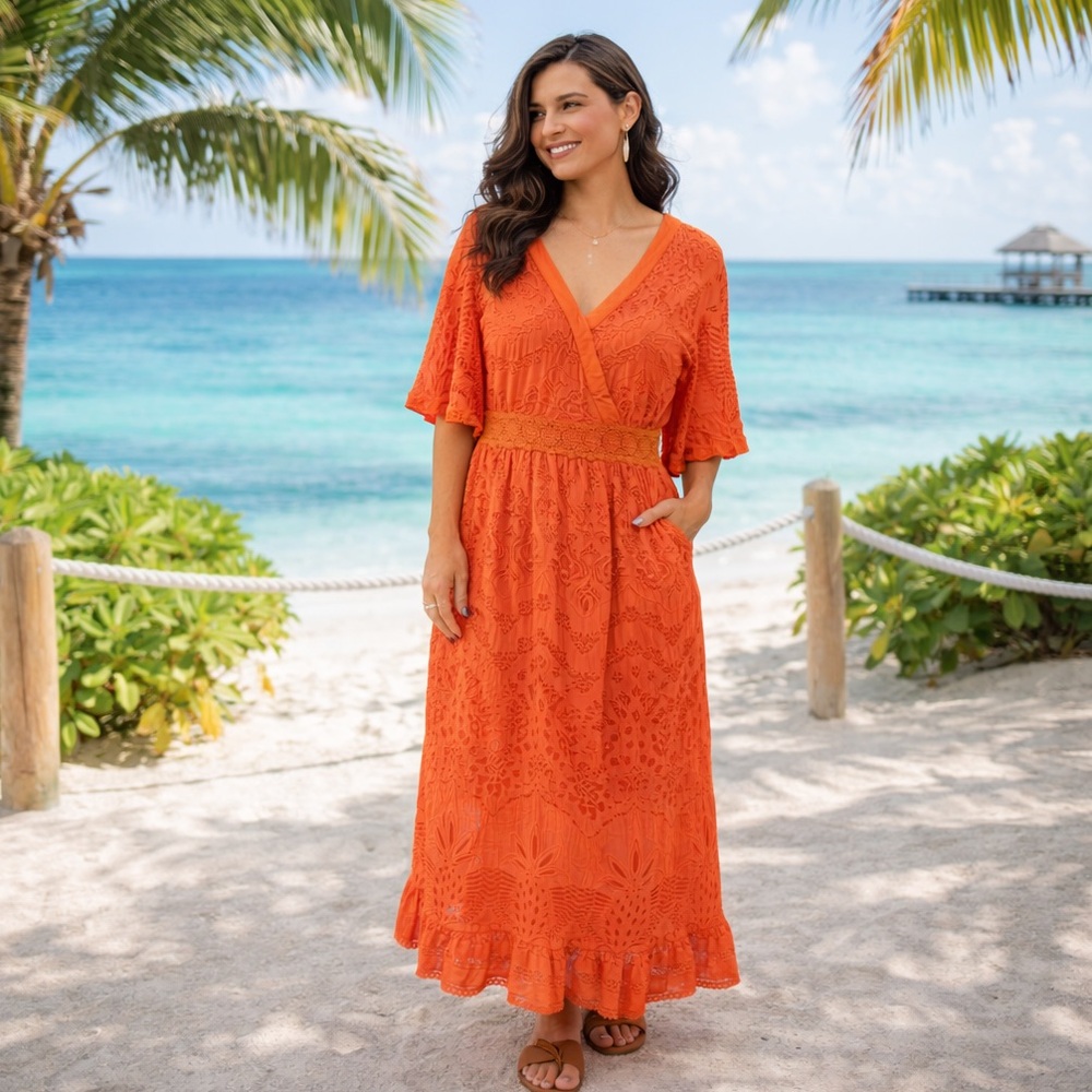Anthropologie Farm Rio Devore Lace Pink and Orange Maxi Dress V-Neck Small - Picture 10 of 11